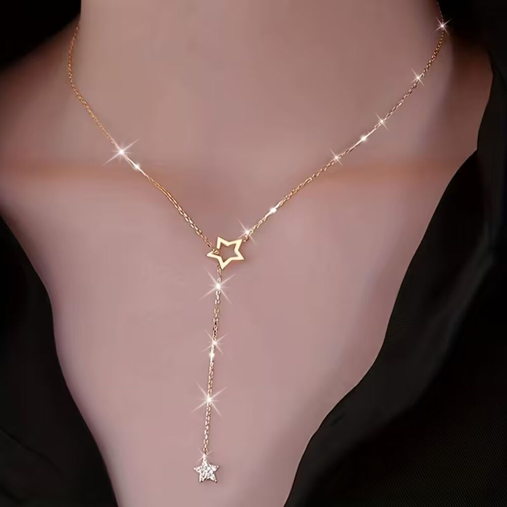 22K Gold Plated Star Y-Drop Necklace Adjustable Open Pendant Dangle Celestial